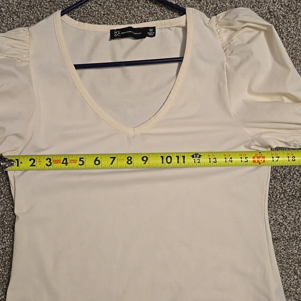 New York & Company Cream Blouse with Puff Sleeves